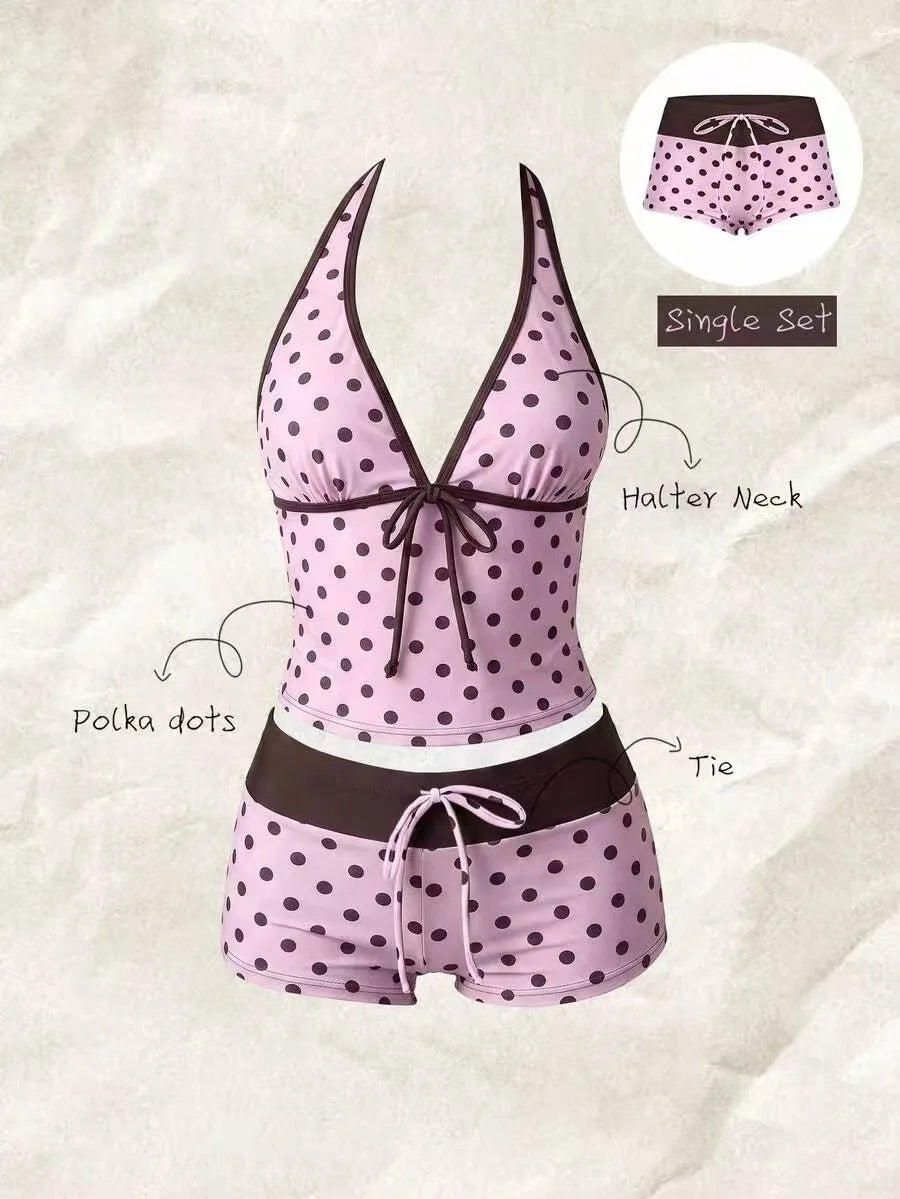 Kawaii Pink Dot Bikini Shorts Bowknot Halter Backless Swimsuit Deep V Swimwear Bikinis and Tankinis Vacation Outfit Sets