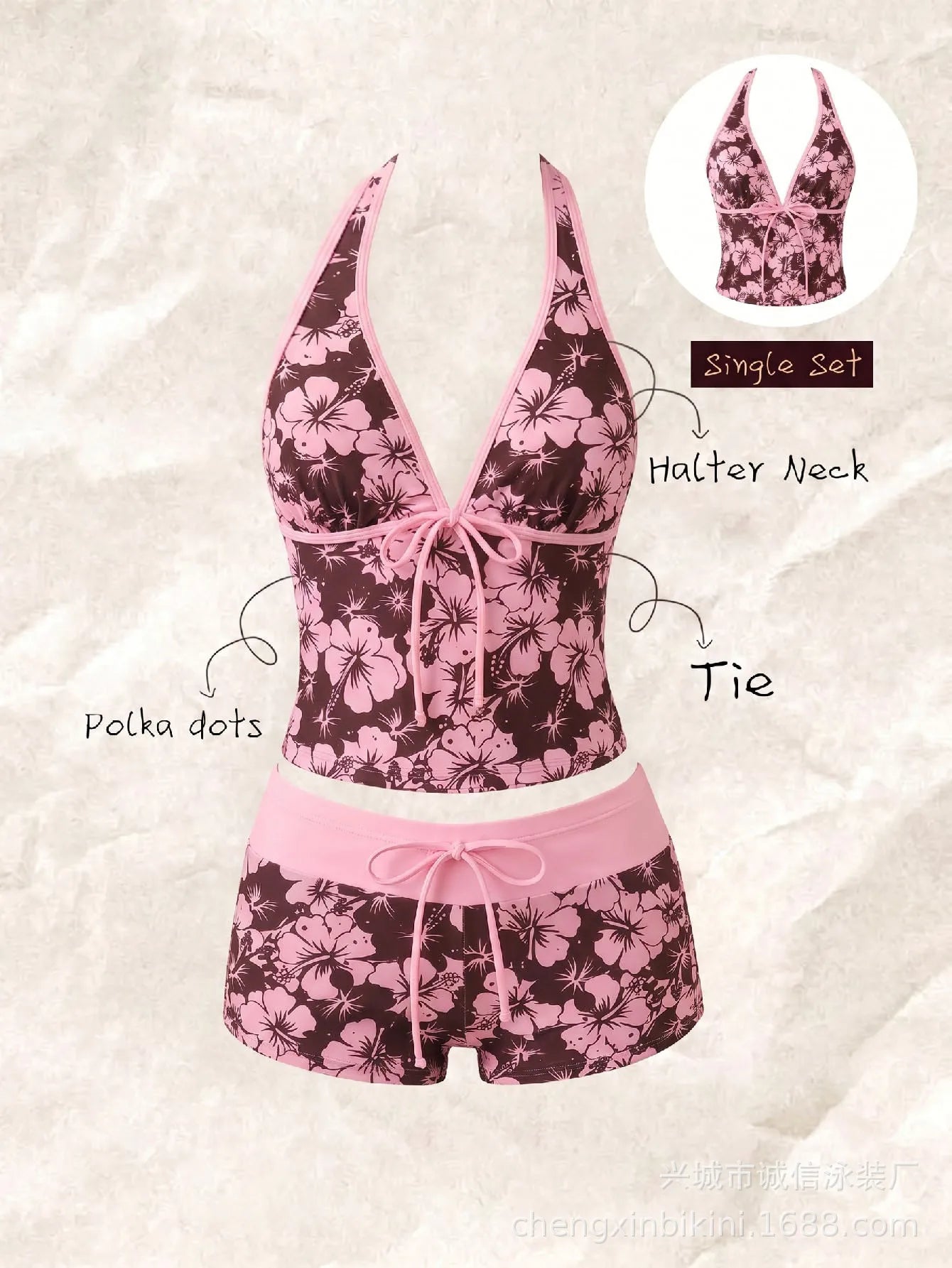 Kawaii Pink Dot Bikini Shorts Bowknot Halter Backless Swimsuit Deep V Swimwear Bikinis and Tankinis Vacation Outfit Sets