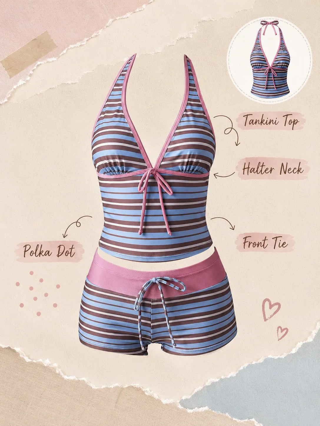 Kawaii Pink Dot Bikini Shorts Bowknot Halter Backless Swimsuit Deep V Swimwear Bikinis and Tankinis Vacation Outfit Sets