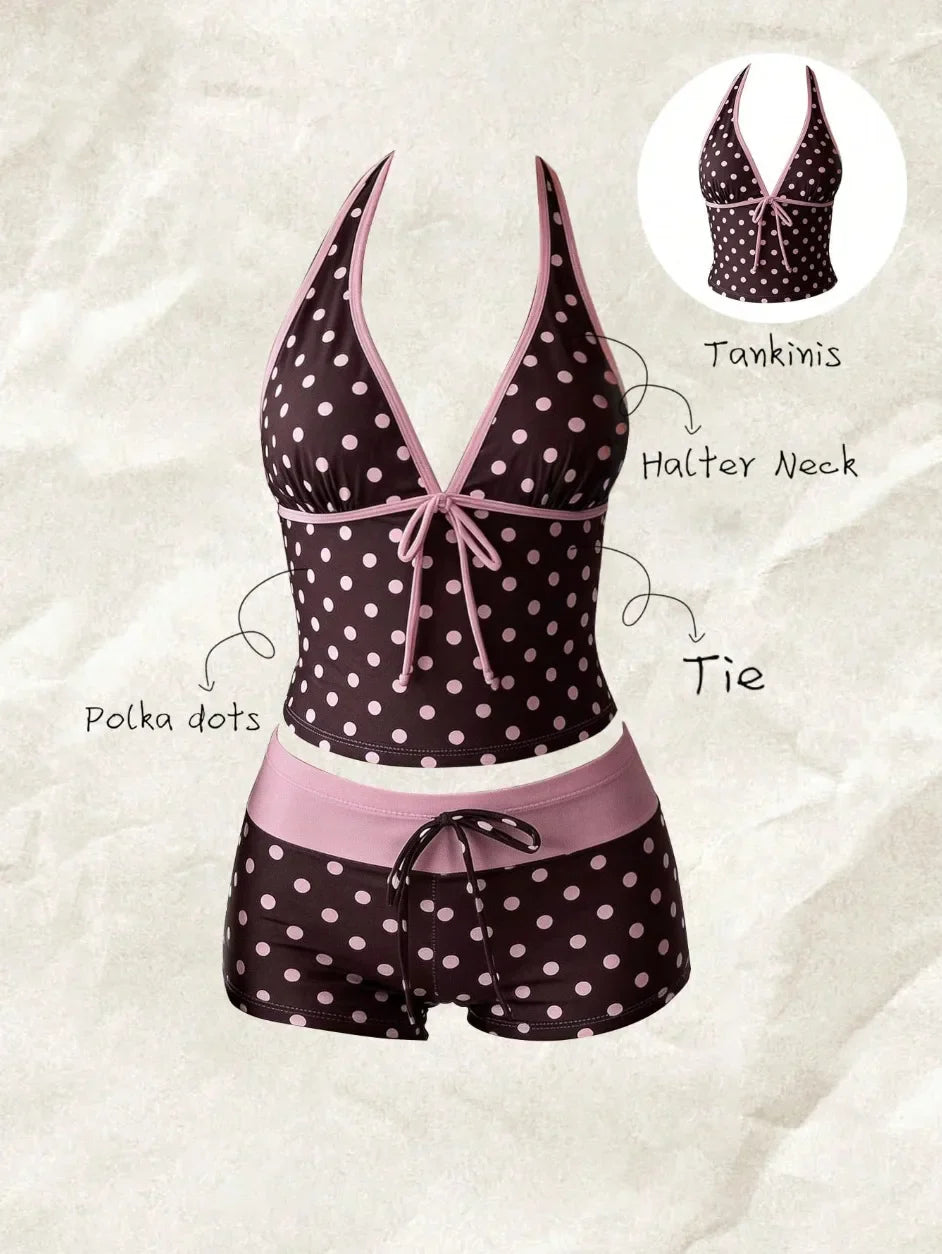Kawaii Pink Dot Bikini Shorts Bowknot Halter Backless Swimsuit Deep V Swimwear Bikinis and Tankinis Vacation Outfit Sets