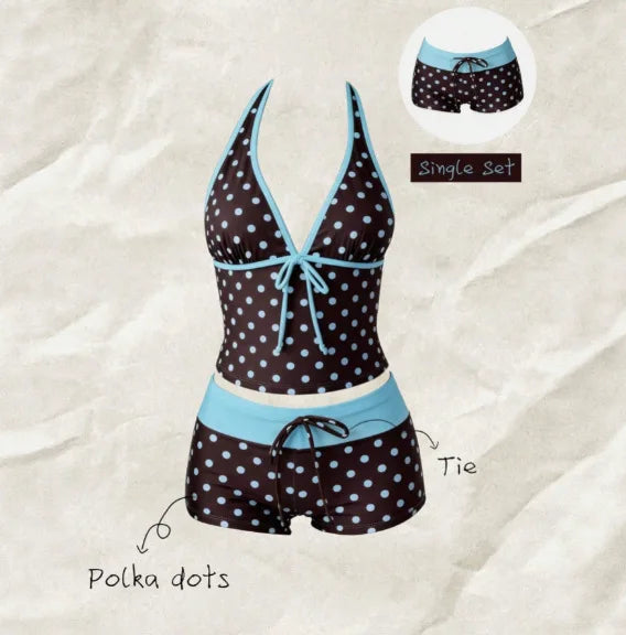 Kawaii Pink Dot Bikini Shorts Bowknot Halter Backless Swimsuit Deep V Swimwear Bikinis and Tankinis Vacation Outfit Sets