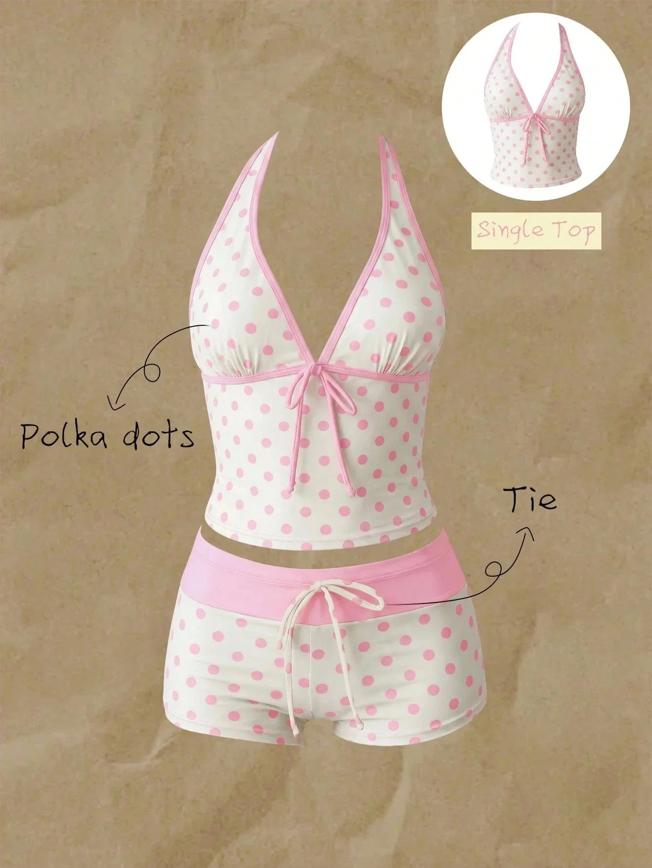 Kawaii Pink Dot Bikini Shorts Bowknot Halter Backless Swimsuit Deep V Swimwear Bikinis and Tankinis Vacation Outfit Sets