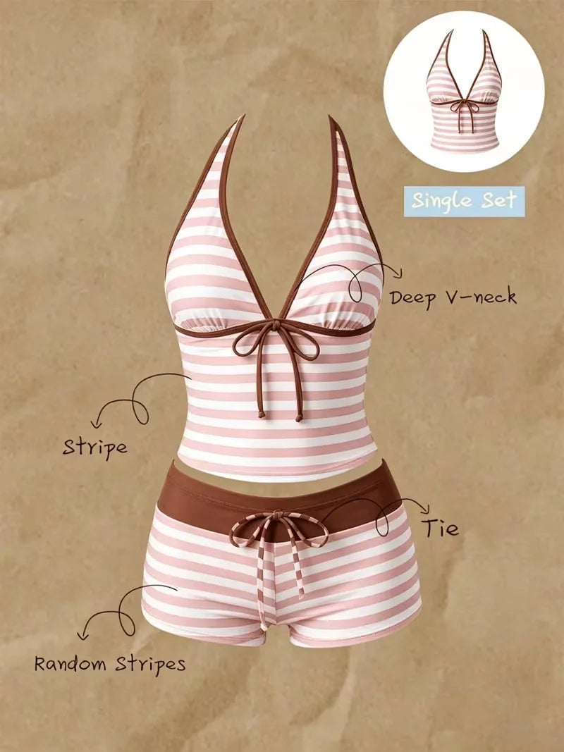 Kawaii Pink Dot Bikini Shorts Bowknot Halter Backless Swimsuit Deep V Swimwear Bikinis and Tankinis Vacation Outfit Sets