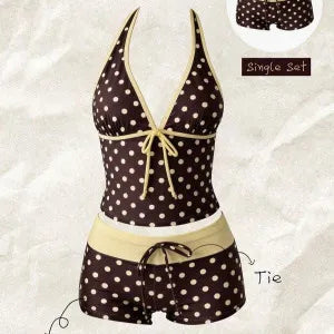 Kawaii Pink Dot Bikini Shorts Bowknot Halter Backless Swimsuit Deep V Swimwear Bikinis and Tankinis Vacation Outfit Sets