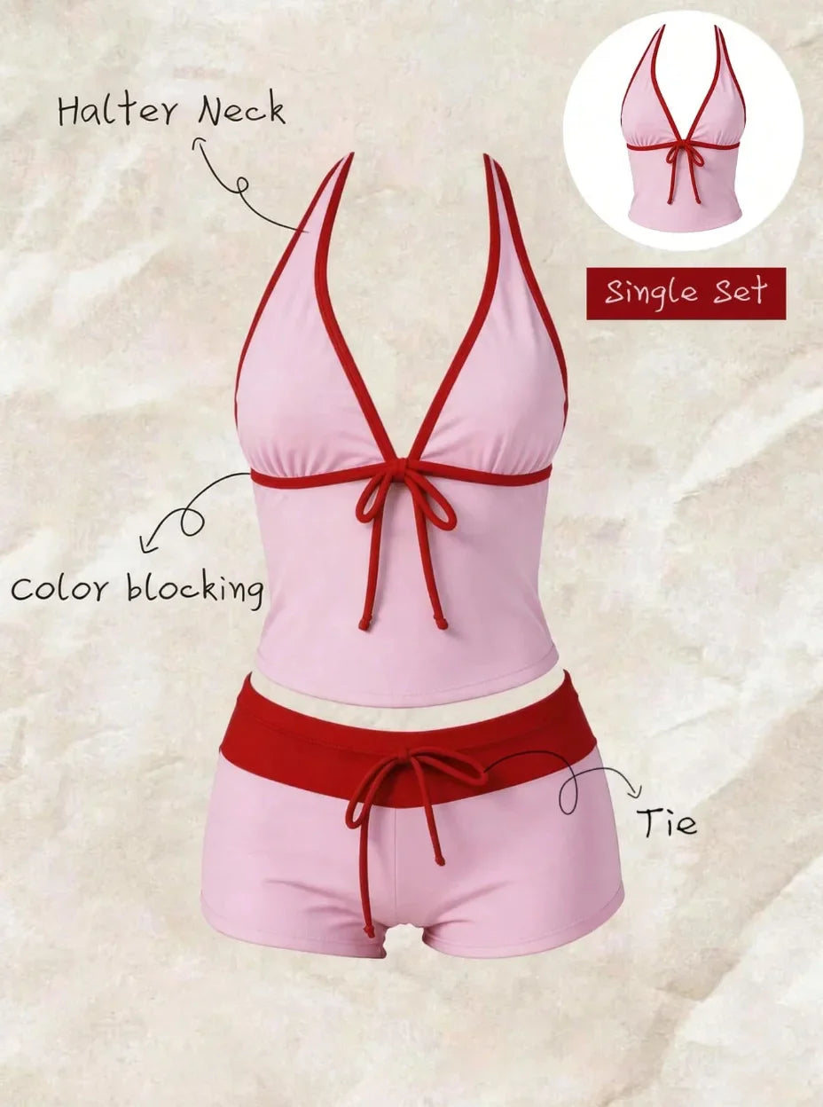 Kawaii Pink Dot Bikini Shorts Bowknot Halter Backless Swimsuit Deep V Swimwear Bikinis and Tankinis Vacation Outfit Sets