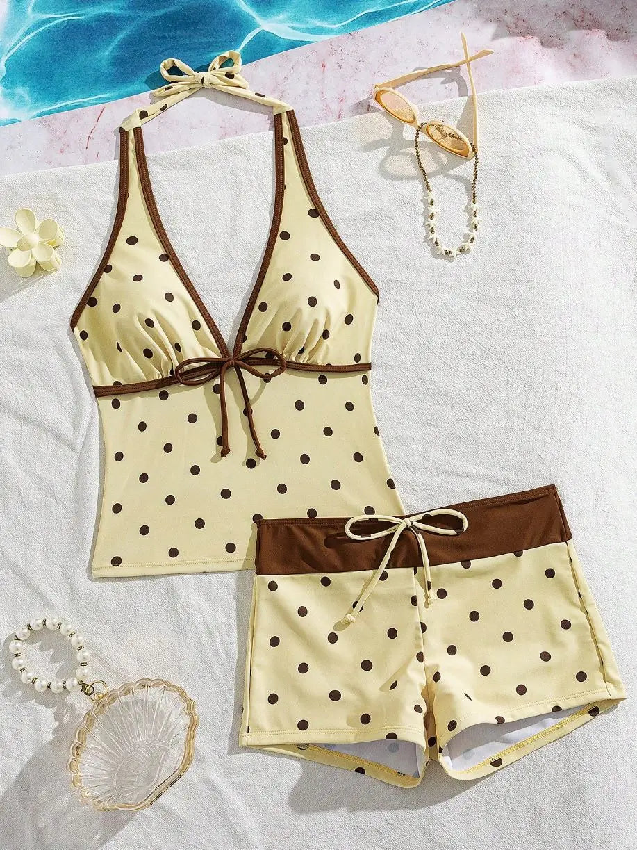 Kawaii Pink Dot Bikini Shorts Bowknot Halter Backless Swimsuit Deep V Swimwear Bikinis and Tankinis Vacation Outfit Sets