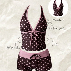 Kawaii Pink Dot Bikini Shorts Bowknot Halter Backless Swimsuit Deep V Swimwear Bikinis and Tankinis Vacation Outfit Sets