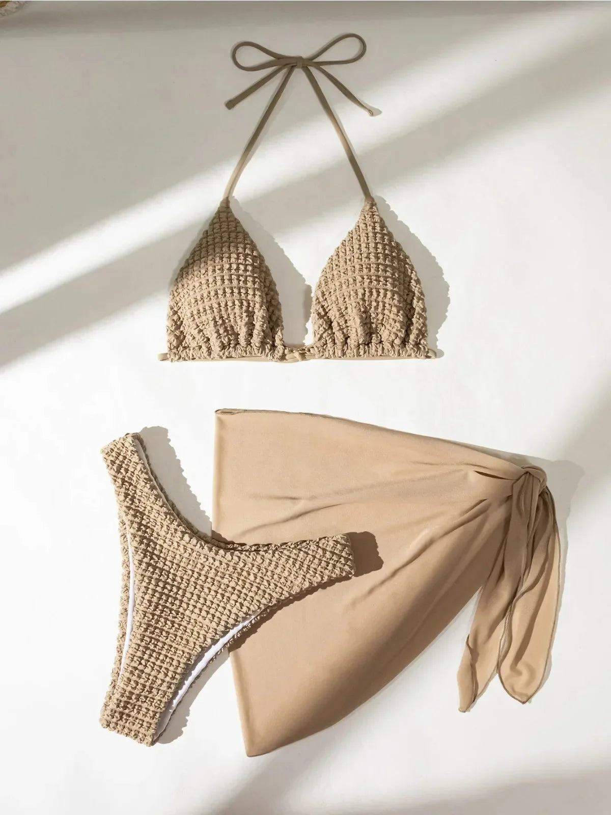Khaki Mesh Skirt 3 Piece Swimsuit Patchwork Push Up Bra High Waist Bikini Set