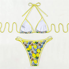 Lemon Flower Print Swimwear Halter String Triangle Bikini Mini Micro Thong Swimsuit Bather Bikinis Sets