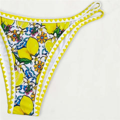Lemon Flower Print Swimwear Halter String Triangle Bikini Mini Micro Thong Swimsuit Bather Bikinis Sets