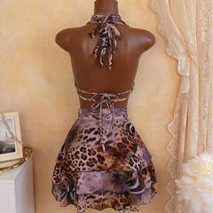 Leopard Print 4 Piece Bathing Suit Halter Drape Front Hollow Out Tiered Skirt Cover Up Bikini Set
