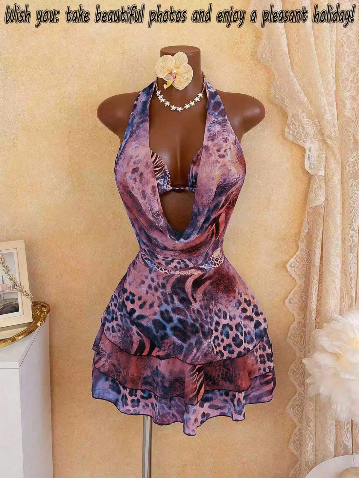 Leopard Print 4 Piece Bathing Suit Halter Drape Front Hollow Out Tiered Skirt Cover Up Bikini Set