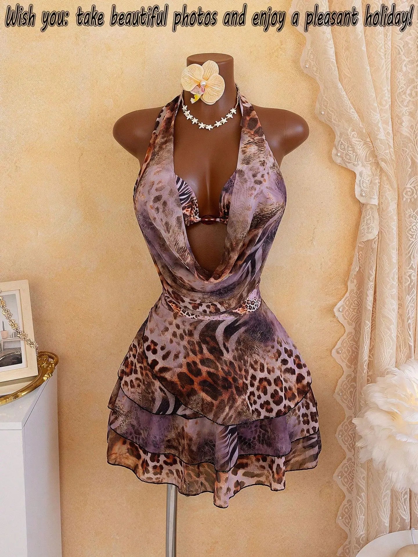 Leopard Print 4 Piece Bathing Suit Halter Drape Front Hollow Out Tiered Skirt Cover Up Bikini Set