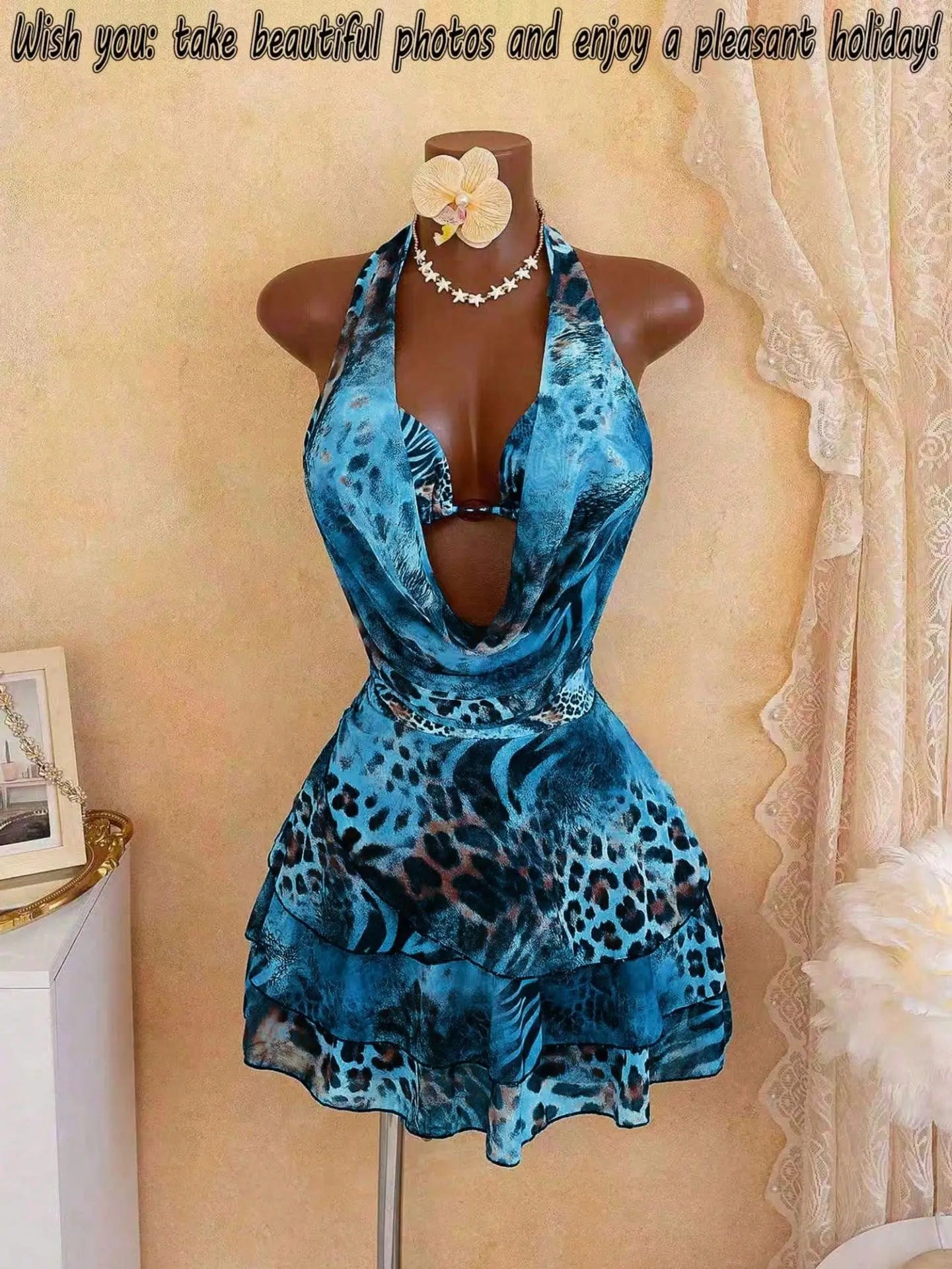 Leopard Print 4 Piece Bathing Suit Halter Drape Front Hollow Out Tiered Skirt Cover Up Bikini Set