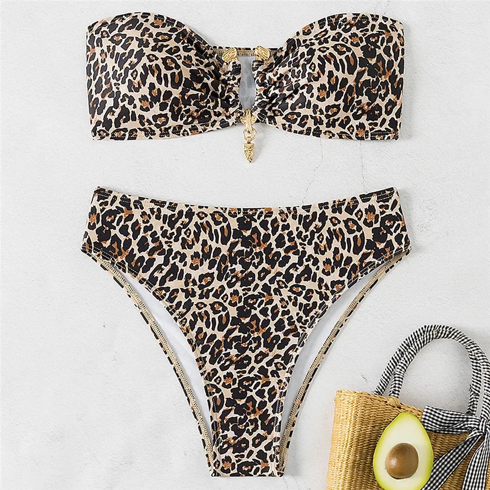 Leopard Print Swimwear Bandeau Bikinis Sets
