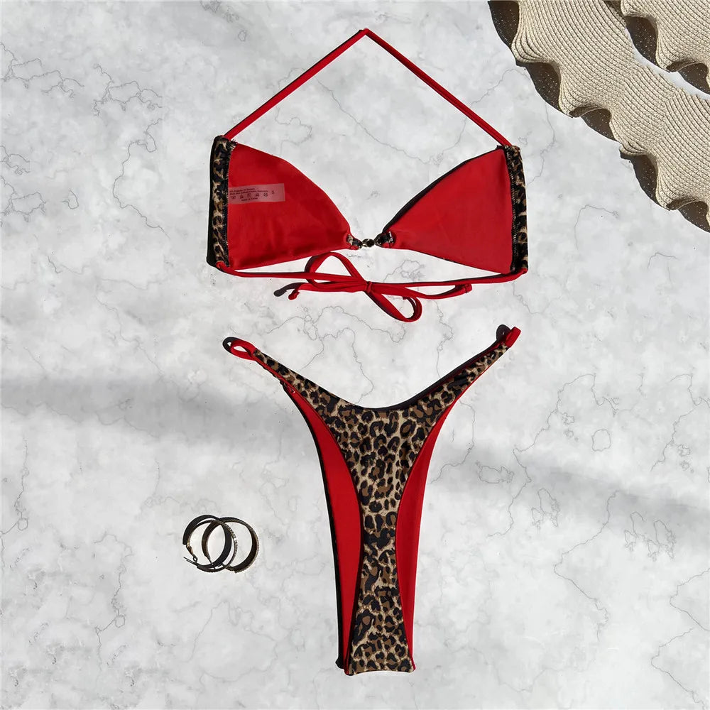 Leopard Print Thong Micro Bikini Set