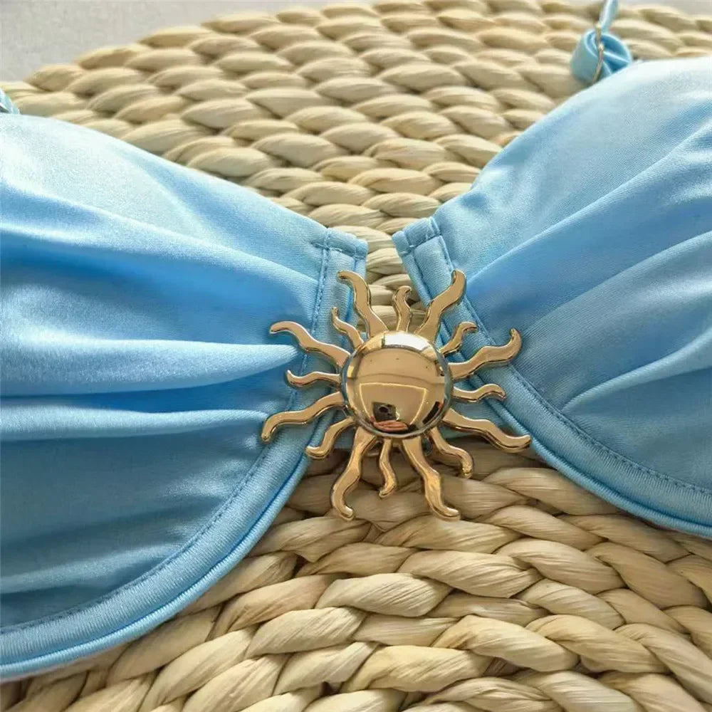 Light Blue Micro Bikini Thong Pushup Swimsuit Cover Ups Sun Metal Buckle Swimwear Bathing Suit Bikinis Sets