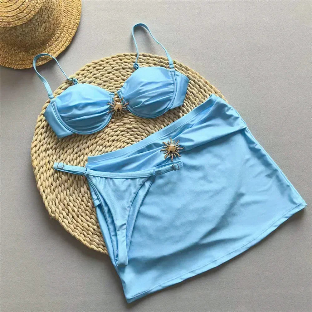 Light Blue Micro Bikini Thong Pushup Swimsuit Cover Ups Sun Metal Buckle Swimwear Bathing Suit Bikinis Sets