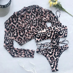 Long Sleeve 3 Piece Swimsuit High Cut Leopard Cover Up Push Up Bikini Separate Sports Bandage Bathing Suit Thong Swimwear 2026