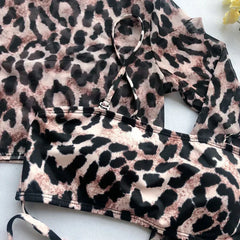 Long Sleeve 3 Piece Swimsuit High Cut Leopard Cover Up Push Up Bikini Separate Sports Bandage Bathing Suit Thong Swimwear 2026