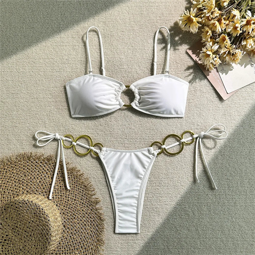 Metal Ring Brown Bikini Woman Micro Thong Swimsuit String Lace-up Solid Swimwears Bathing Suit Biquinis Bikinis Sets