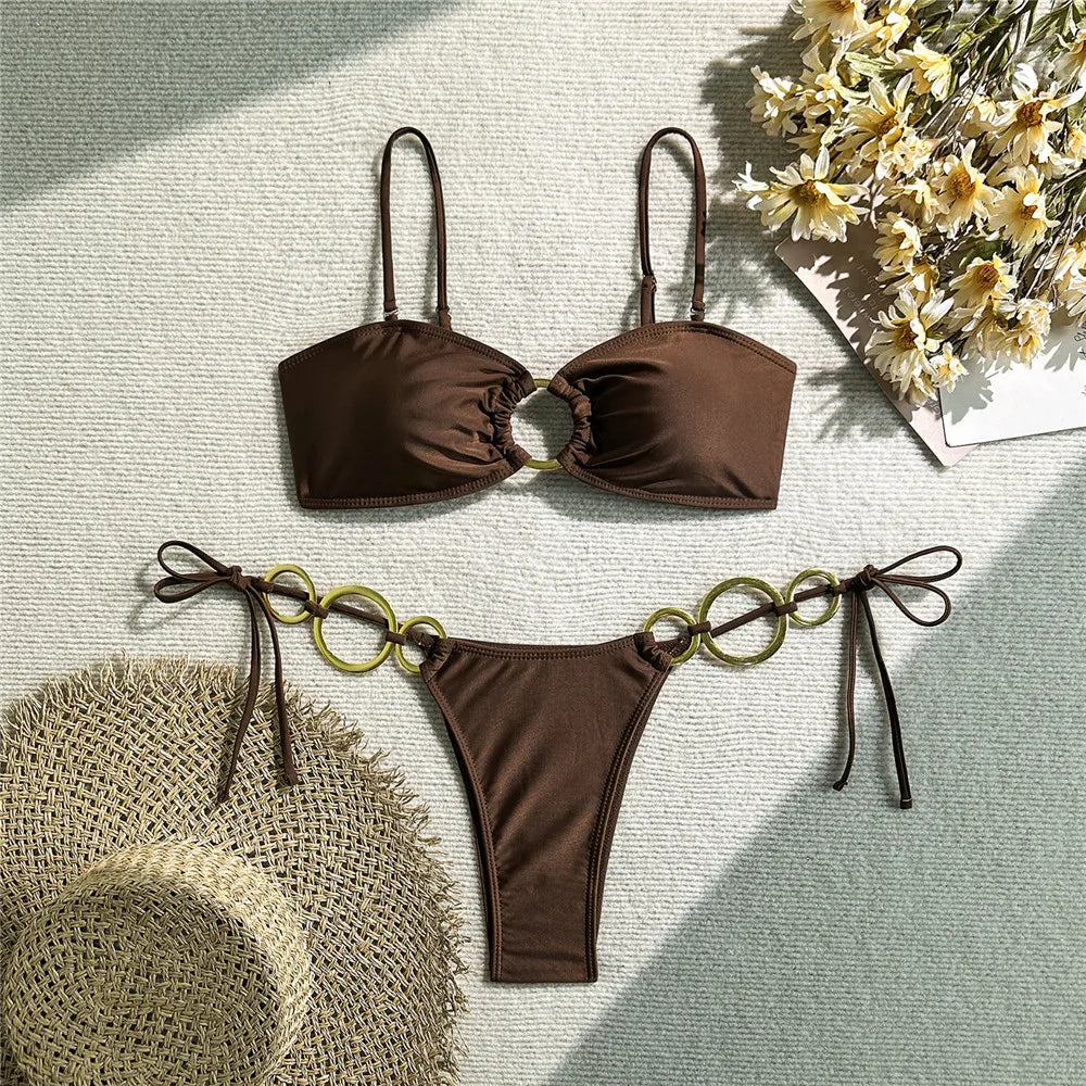 Metal Ring Brown Bikini Woman Micro Thong Swimsuit String Lace-up Solid Swimwears Bathing Suit Biquinis Bikinis Sets