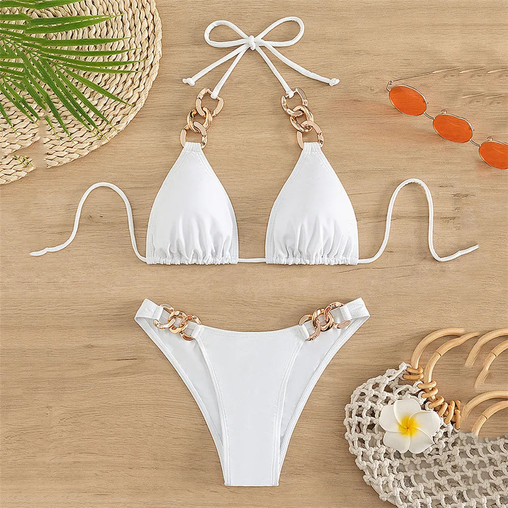 Metal Ring Chain Halter String Bikini Woman Swimwear Micro Thong Swimsuit Solid White Bathing Suit Bikinis Sets