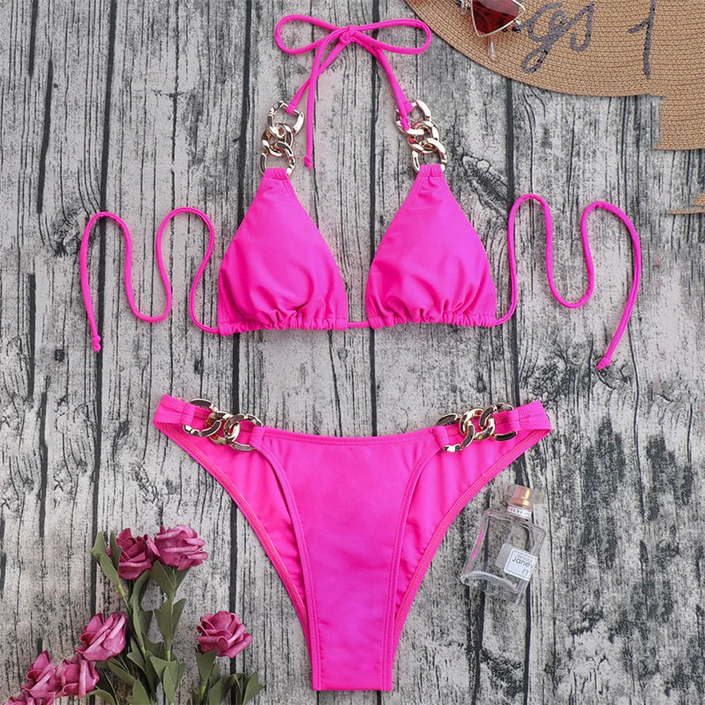 Metal Ring Chain Halter String Bikini Woman Swimwear Micro Thong Swimsuit Solid White Bathing Suit Bikinis Sets