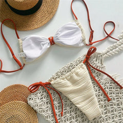 Metal Shell String Lace-up Micro Thong Bikini Woman Swimsuit Beige Textured Swimwears Bathing Suit Bikinis Sets