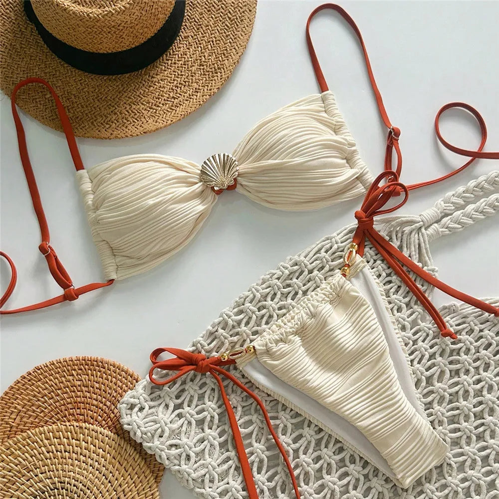Metal Shell String Lace-up Micro Thong Bikini Woman Swimsuit Beige Textured Swimwears Bathing Suit Bikinis Sets