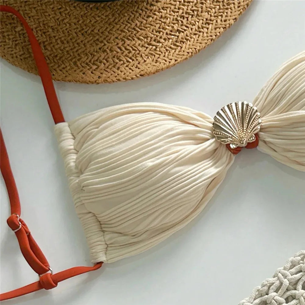 Metal Shell String Lace-up Micro Thong Bikini Woman Swimsuit Beige Textured Swimwears Bathing Suit Bikinis Sets