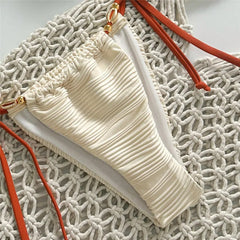 Metal Shell String Lace-up Micro Thong Bikini Woman Swimsuit Beige Textured Swimwears Bathing Suit Bikinis Sets