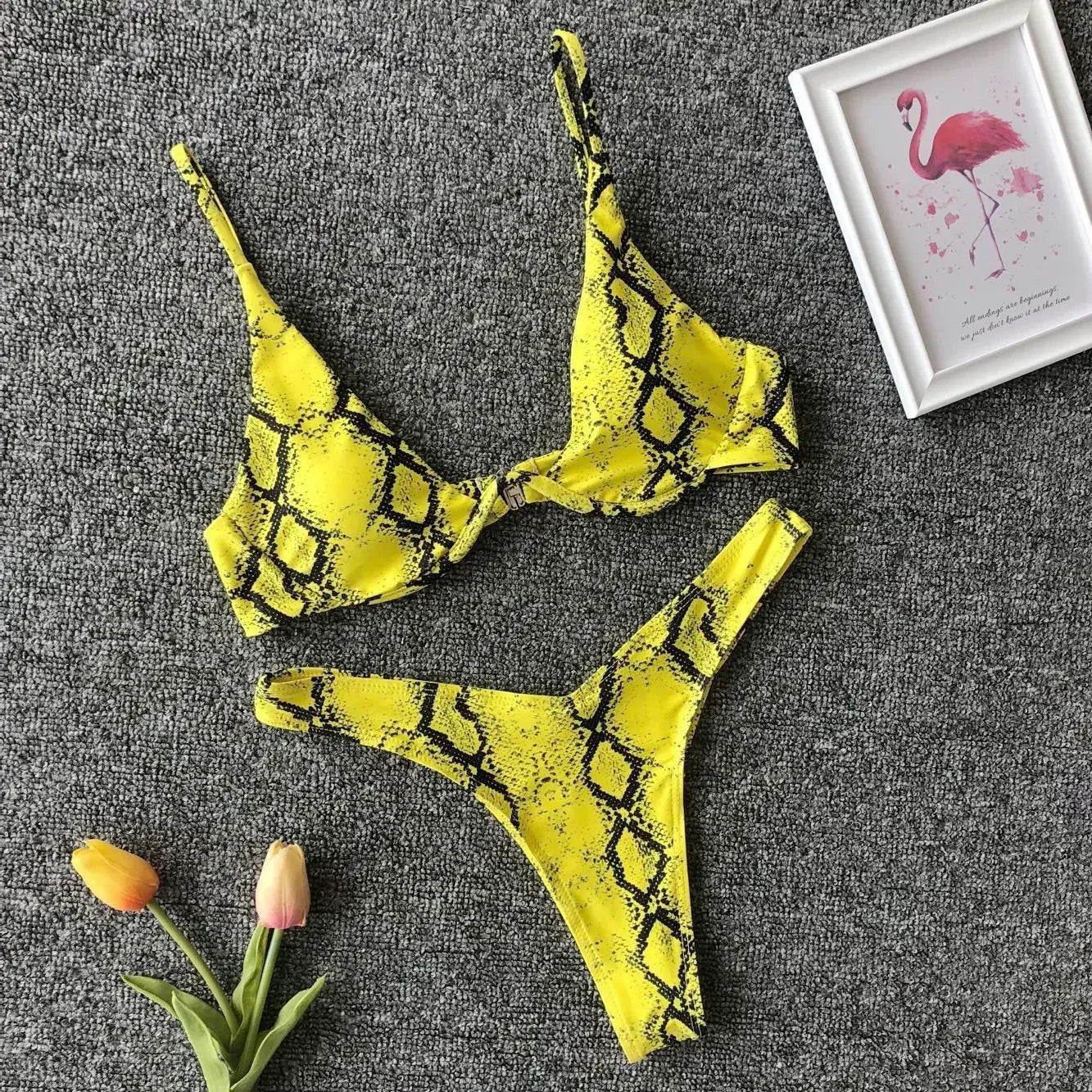 Micro Bikini Swimwear Yellow Leopard Snakeskin Print Underwire Swimsuit Beach Bathing Suit String Thong Bikini