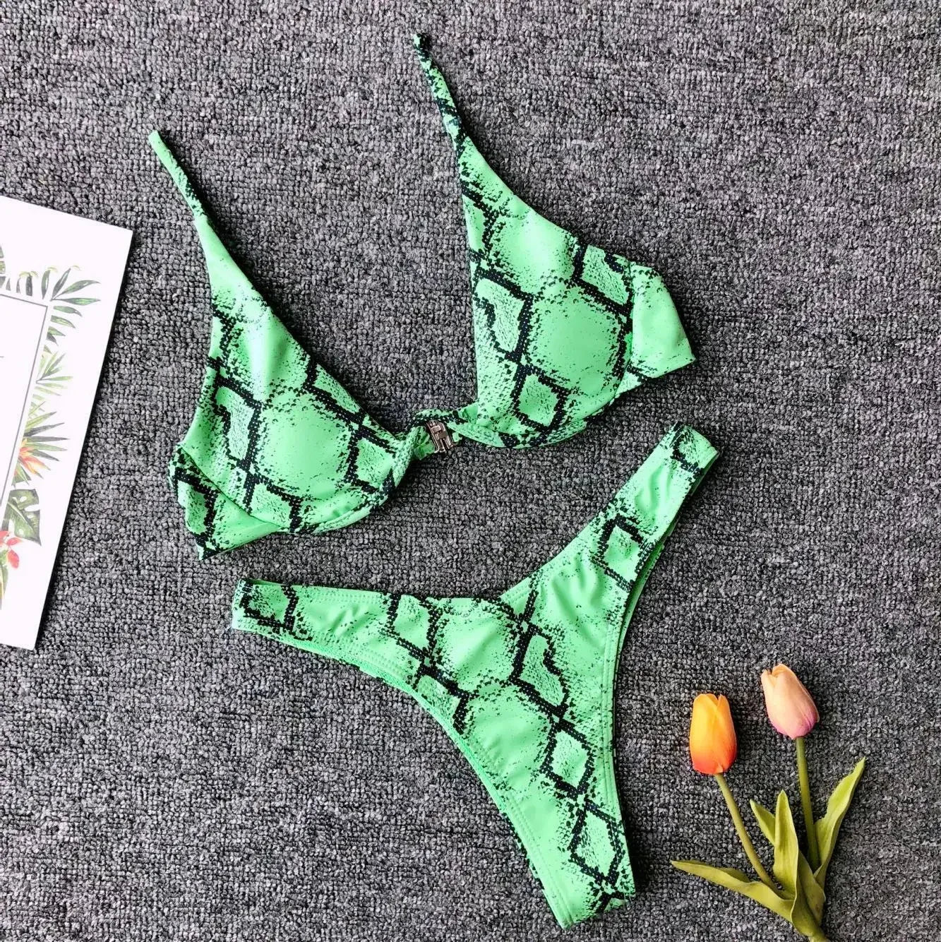 Micro Bikini Swimwear Yellow Leopard Snakeskin Print Underwire Swimsuit Beach Bathing Suit String Thong Bikini