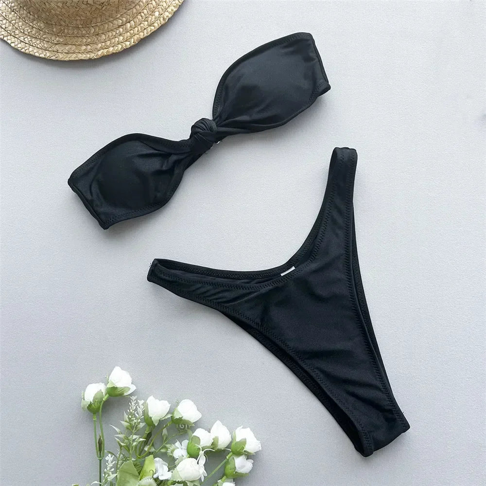Mini Brown Micro Thong Bikini Bandeau Front Knotted Swimsuit High Cut Bathing Suit Bikinis Sets