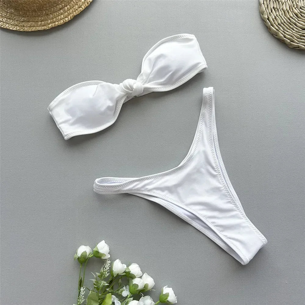 Mini Brown Micro Thong Bikini Bandeau Front Knotted Swimsuit High Cut Bathing Suit Bikinis Sets