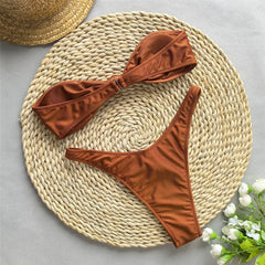 Mini Brown Micro Thong Bikini Bandeau Front Knotted Swimsuit High Cut Bathing Suit Bikinis Sets