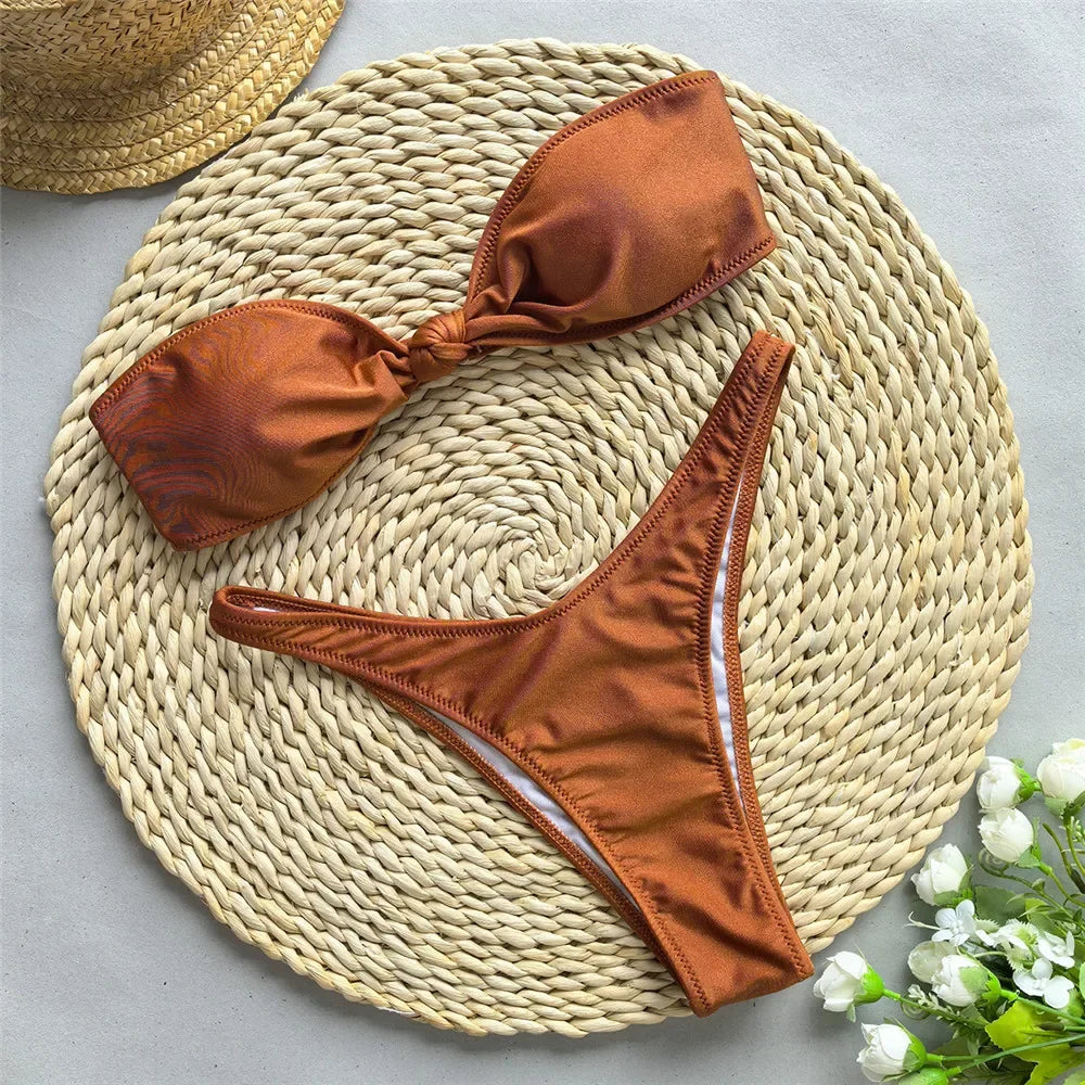 Mini Brown Micro Thong Bikini Bandeau Front Knotted Swimsuit High Cut Bathing Suit Bikinis Sets