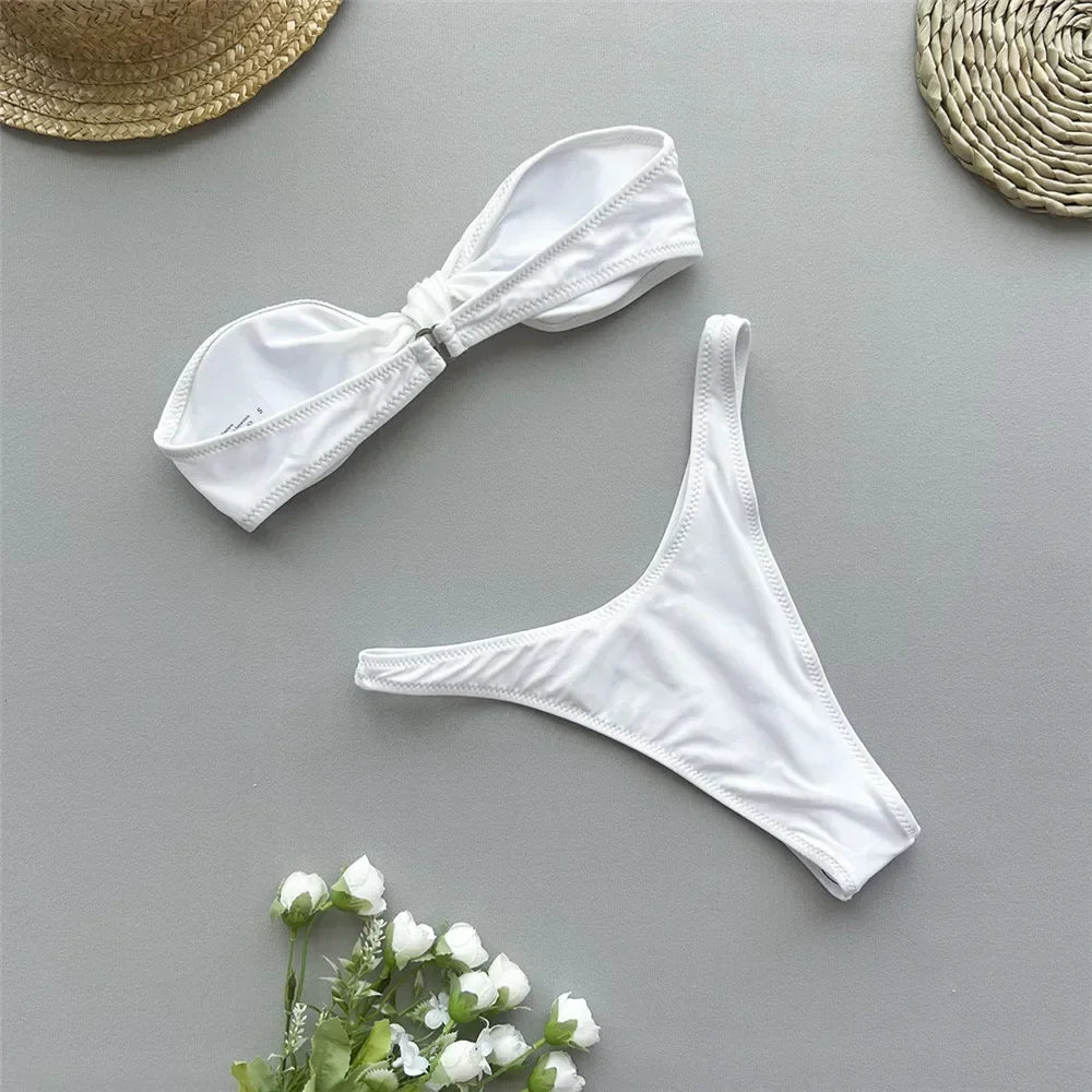 Mini Brown Micro Thong Bikini Bandeau Front Knotted Swimsuit High Cut Bathing Suit Bikinis Sets