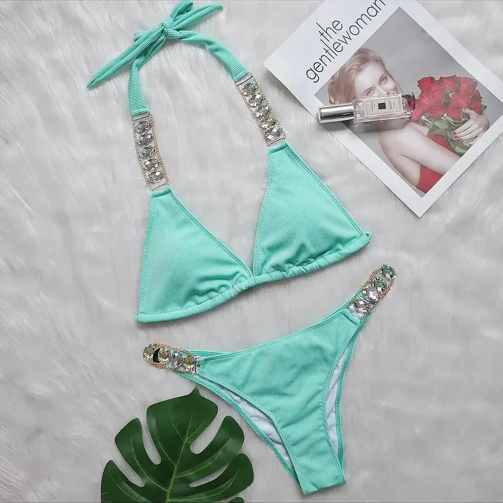 Neon Green Swimsuit 2-Piece Bikini Halter Lace-up Backless Beach Bathing Suit Diamond Chain Swimwear
