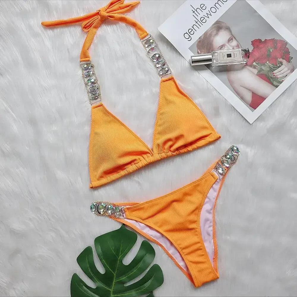 Neon Green Swimsuit 2-Piece Bikini Halter Lace-up Backless Beach Bathing Suit Diamond Chain Swimwear