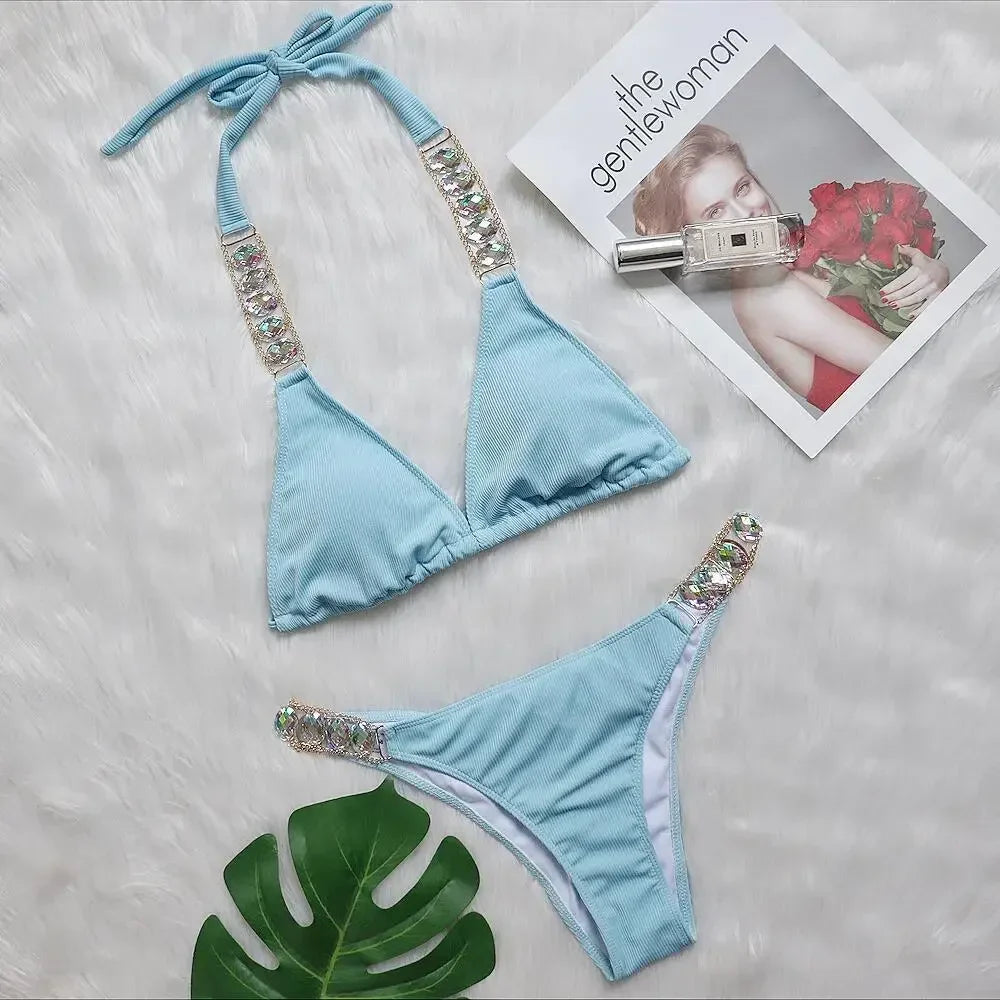 Neon Green Swimsuit 2-Piece Bikini Halter Lace-up Backless Beach Bathing Suit Diamond Chain Swimwear