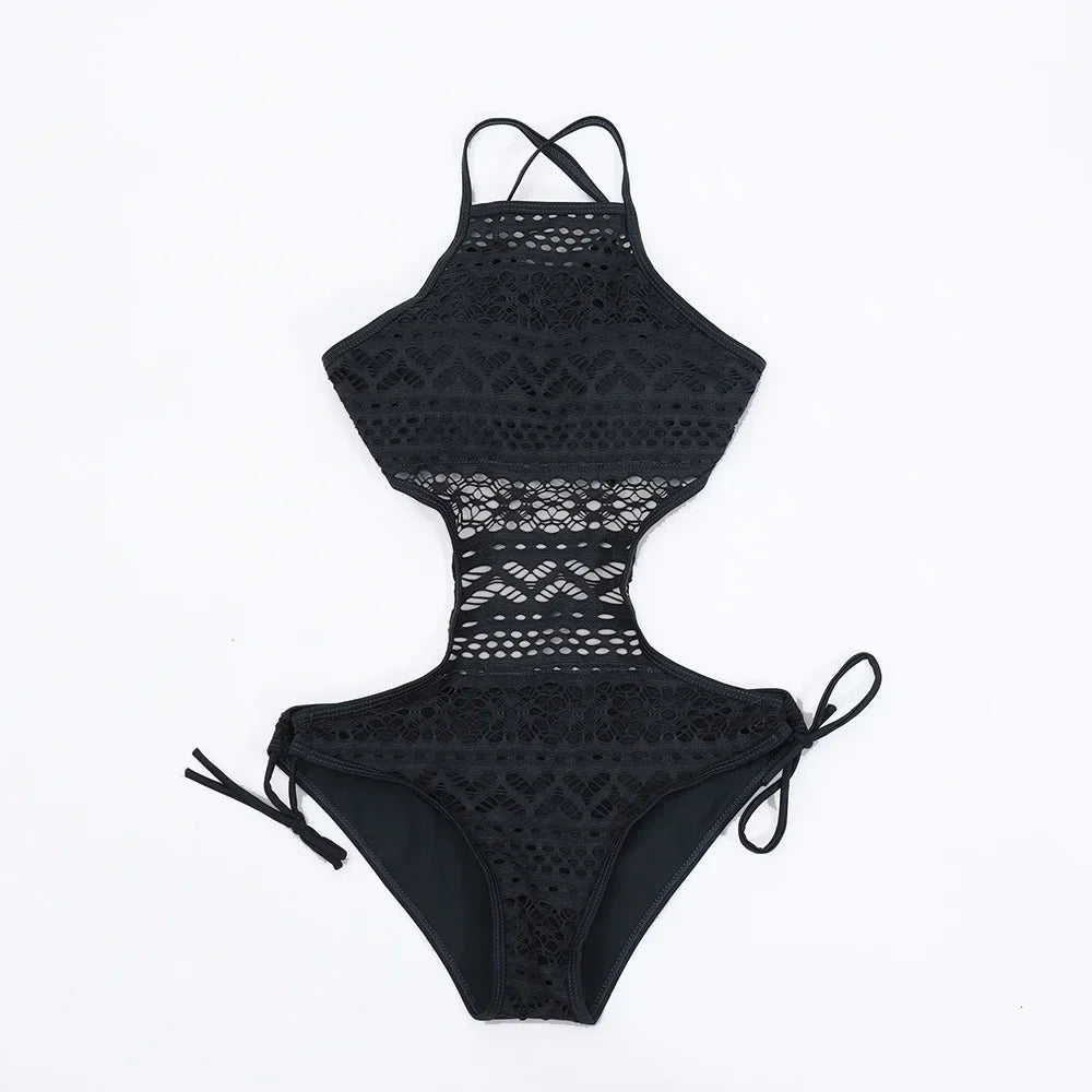 swimsuit one pieces swimwear female hollow monokini lace halter bathing suit pad beachwear solid bodysuit