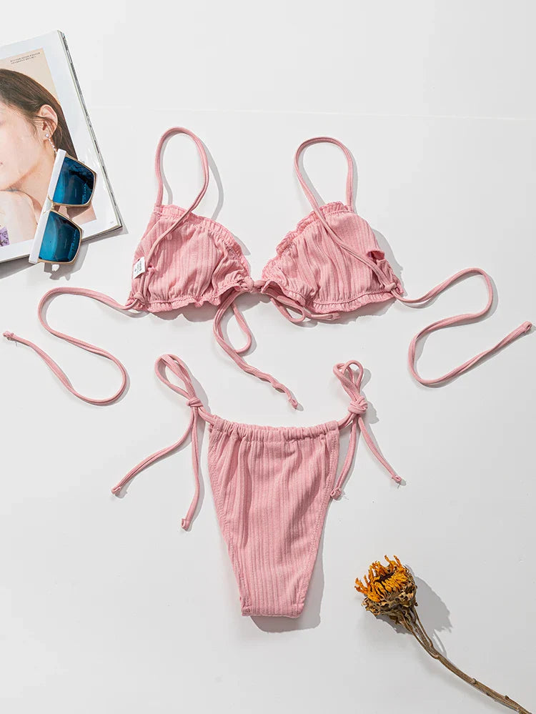 Swimsuit Pit stripe Bikini Swimwear  Bathing Suits Push Up Biquinis Bandage Beachwear Solid Bikini Sets