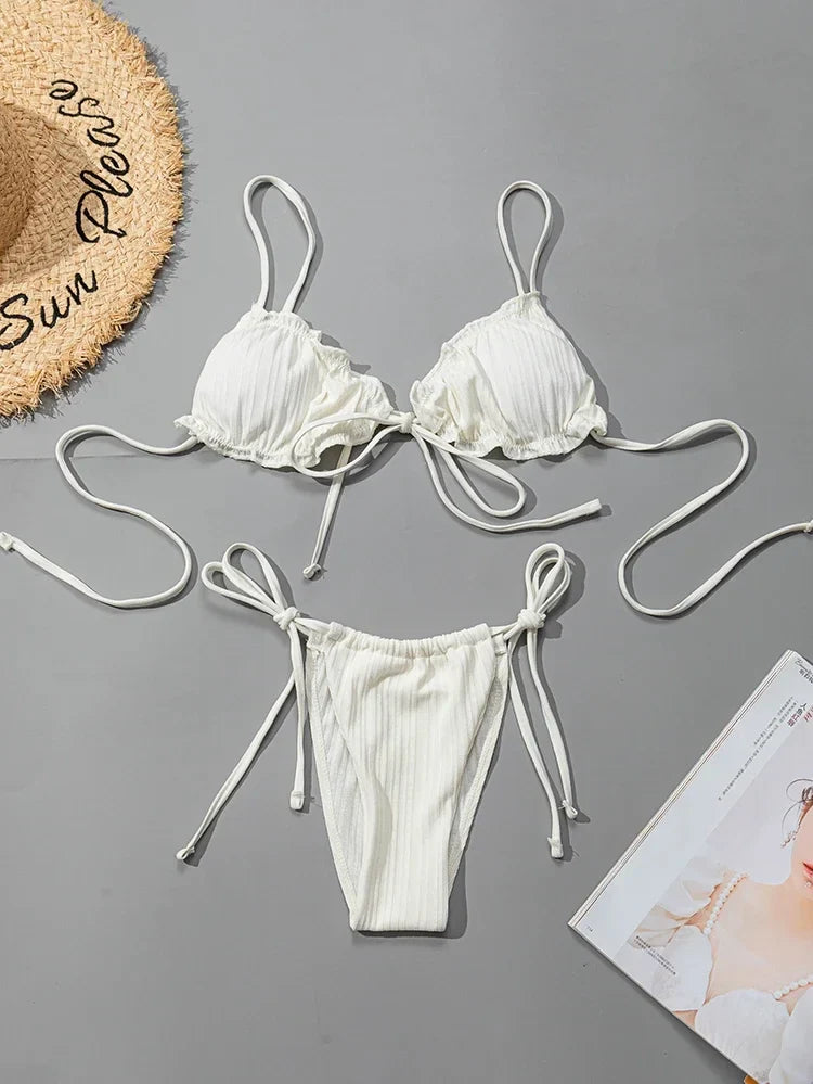 Swimsuit Pit stripe Bikini Swimwear  Bathing Suits Push Up Biquinis Bandage Beachwear Solid Bikini Sets