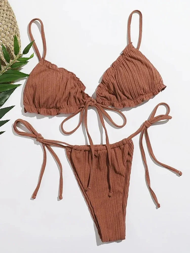 Swimsuit Pit stripe Bikini Swimwear  Bathing Suits Push Up Biquinis Bandage Beachwear Solid Bikini Sets
