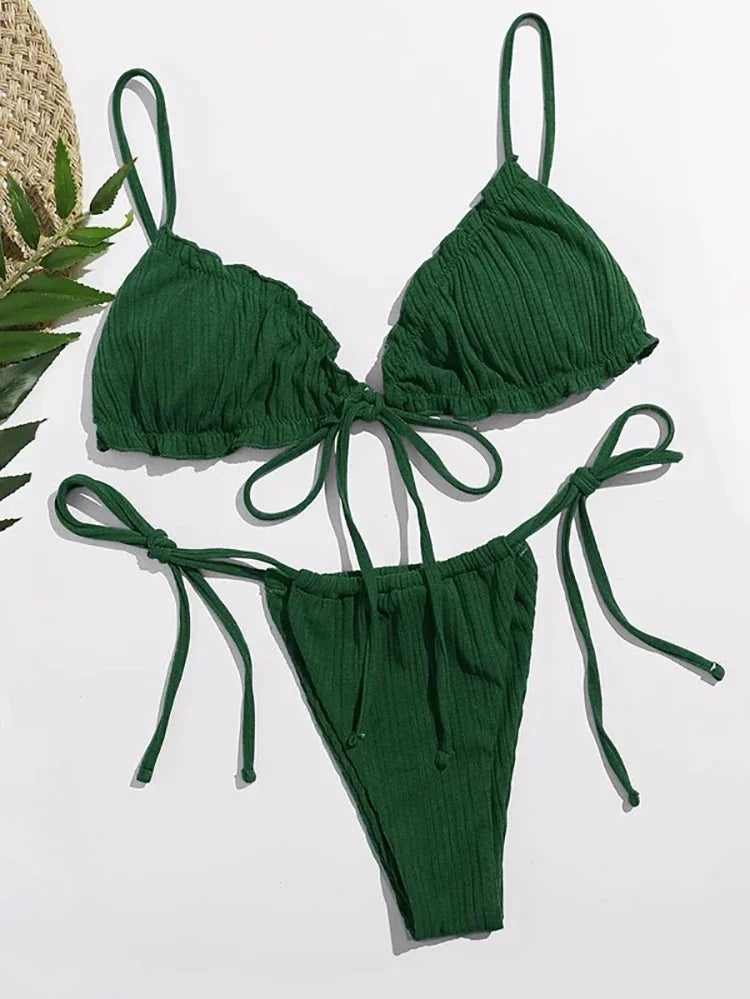 Swimsuit Pit stripe Bikini Swimwear  Bathing Suits Push Up Biquinis Bandage Beachwear Solid Bikini Sets