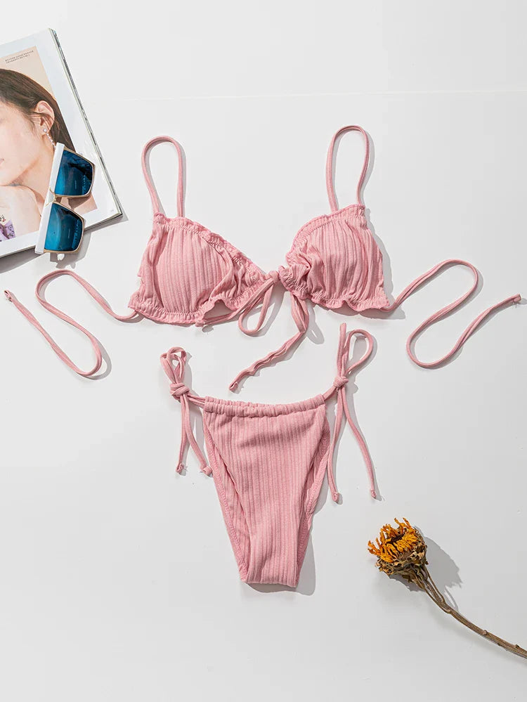 Swimsuit Pit stripe Bikini Swimwear  Bathing Suits Push Up Biquinis Bandage Beachwear Solid Bikini Sets