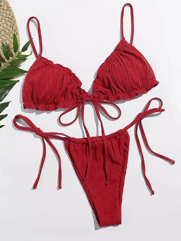 Swimsuit Pit stripe Bikini Swimwear  Bathing Suits Push Up Biquinis Bandage Beachwear Solid Bikini Sets