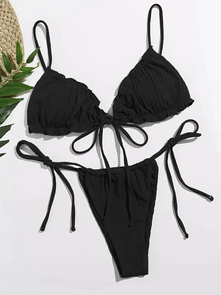 Swimsuit Pit stripe Bikini Swimwear  Bathing Suits Push Up Biquinis Bandage Beachwear Solid Bikini Sets